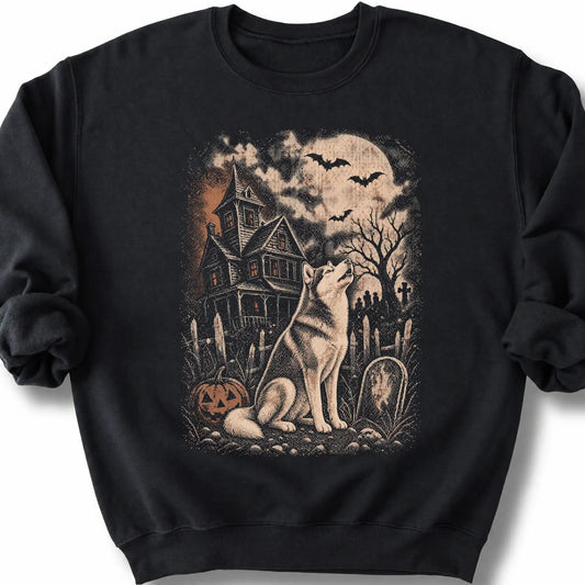 Husky beside a haunted house on a black sweatshirt.