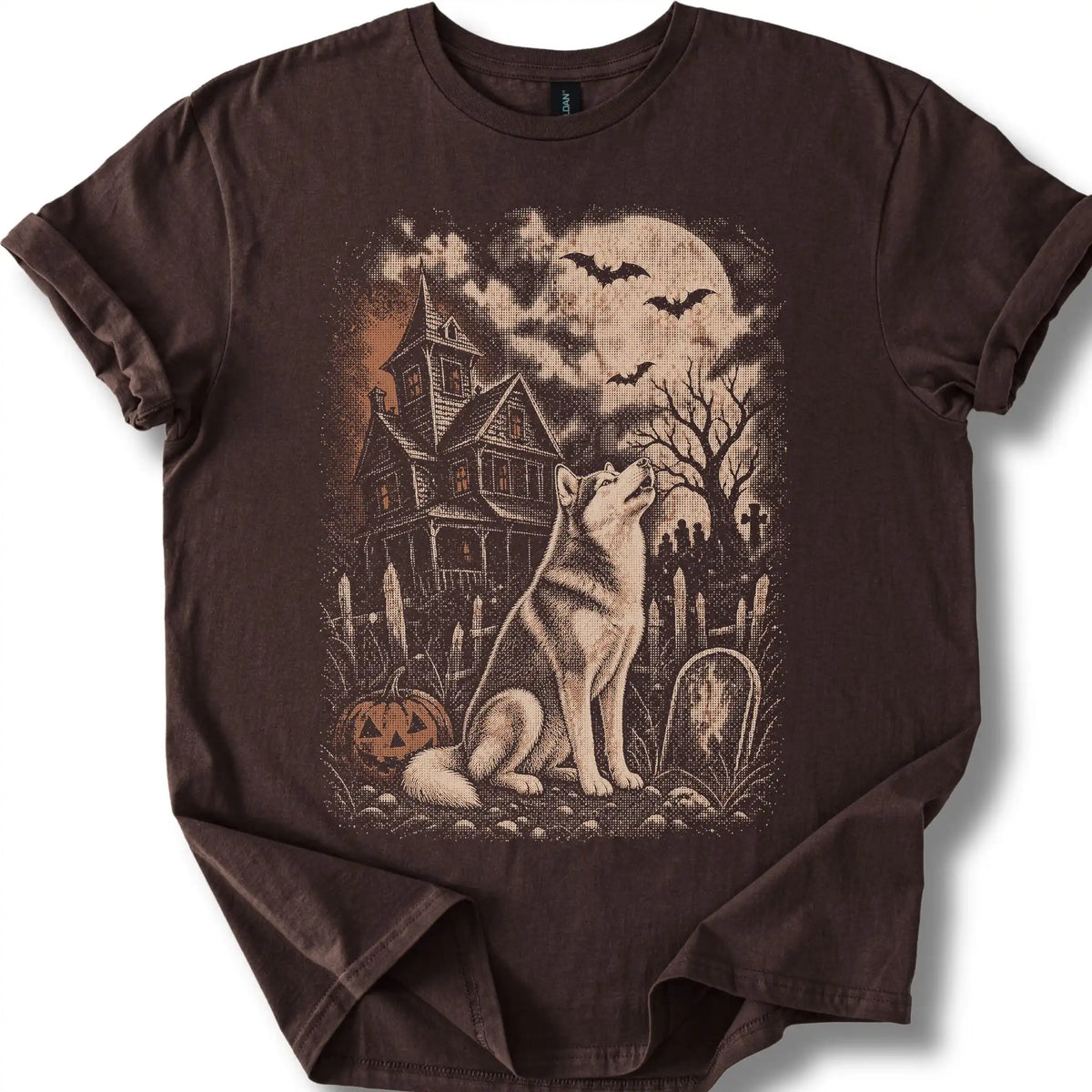 Husky beside a haunted house on a dark chocolate T-shirt.
