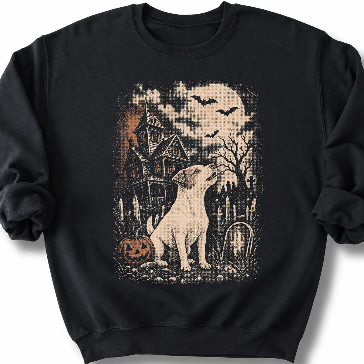 Jack Russell beside a haunted house on a black sweatshirt.