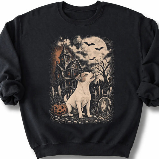 Jack Russell beside a haunted house on a black sweatshirt.