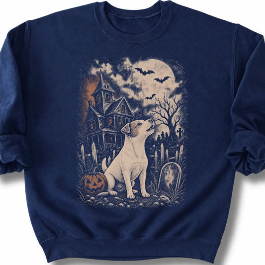 Jack Russell beside a haunted house on a navy sweatshirt.