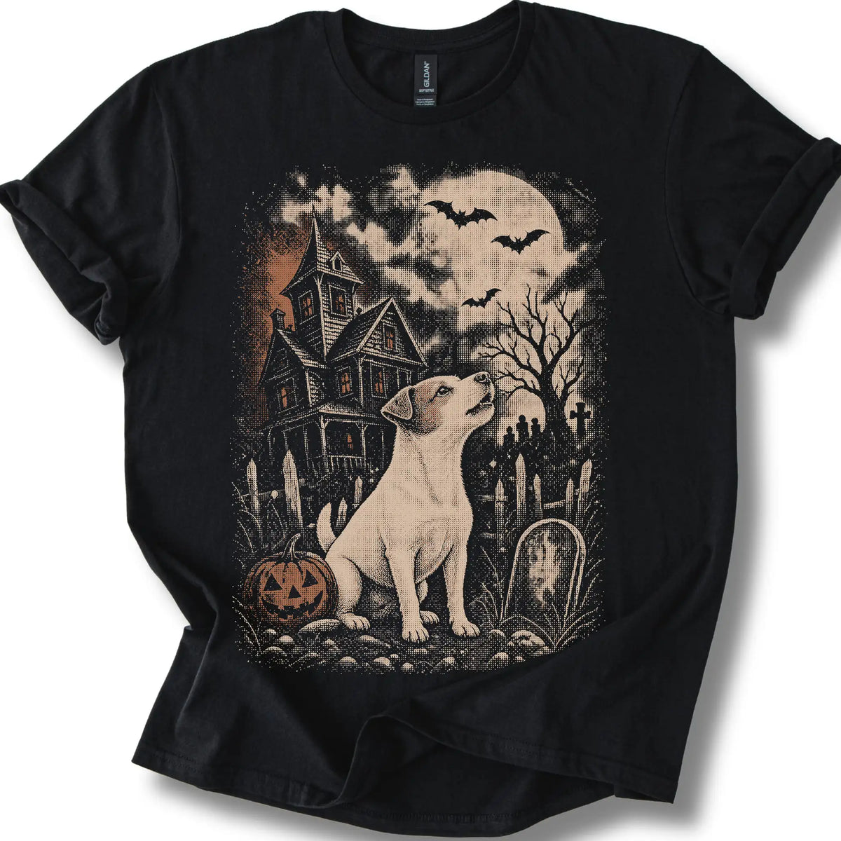 Jack Russell beside a haunted house on a black T-shirt.