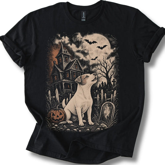 Jack Russell beside a haunted house on a black T-shirt.