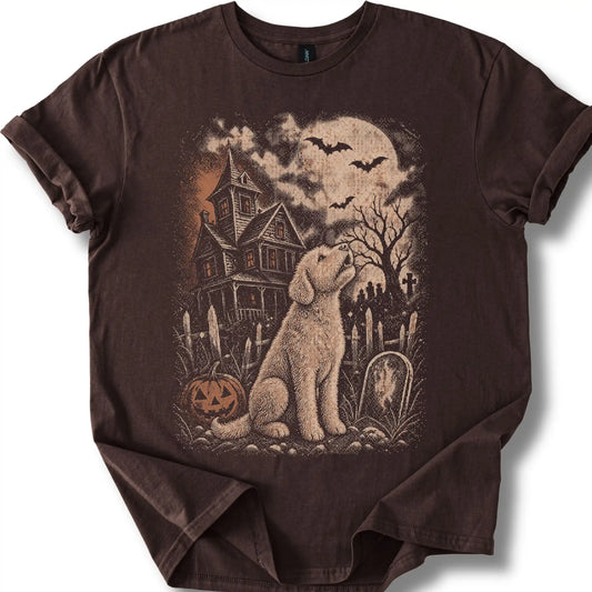 Labradoodle beside a haunted house on a dark chocolate T-shirt.