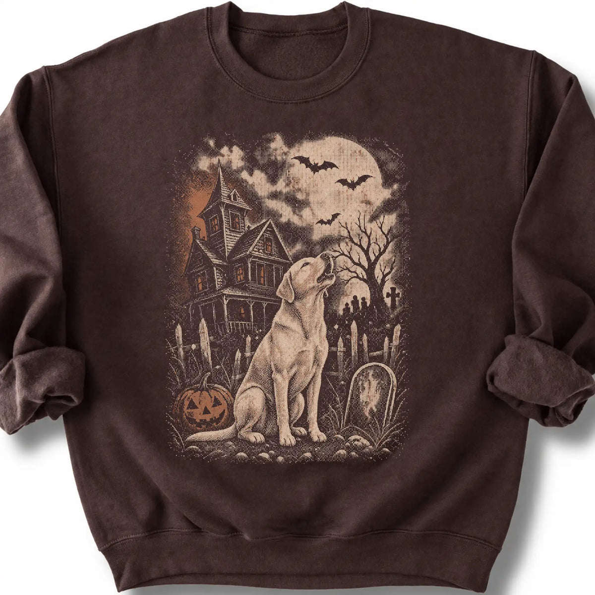 Labrador Retriever beside a haunted house on a dark chocolate sweatshirt.