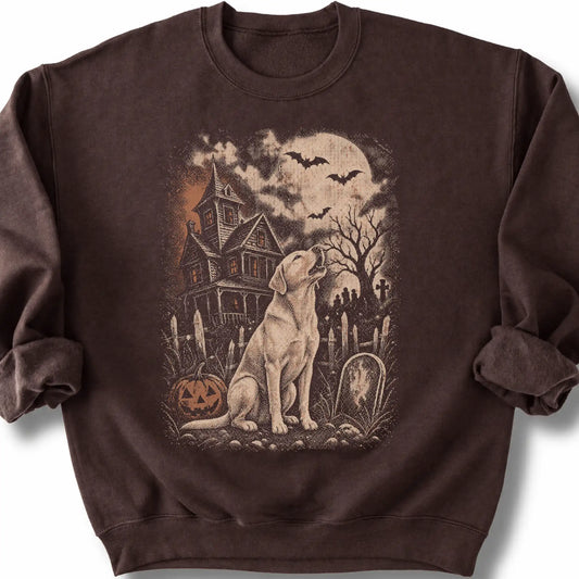 Labrador Retriever beside a haunted house on a dark chocolate sweatshirt.