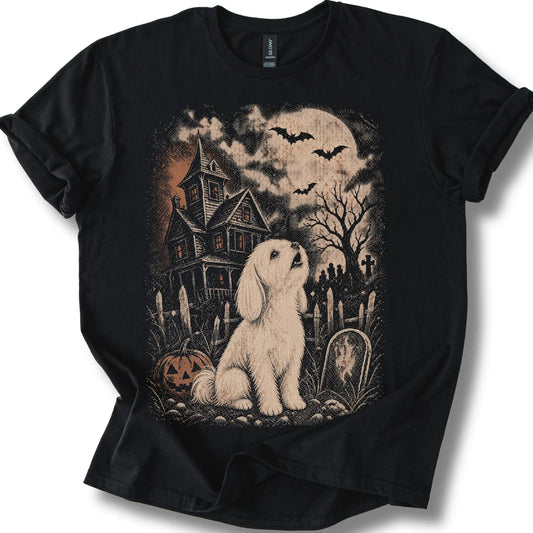 Maltese beside a haunted house on a black T-shirt.