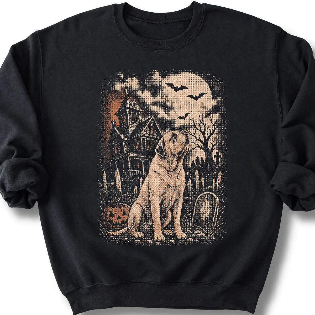 Mastiff beside a haunted house on a black sweatshirt.