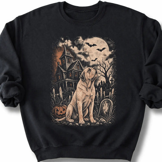 Mastiff beside a haunted house on a black sweatshirt.