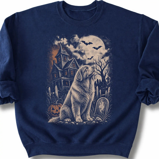 Newfie beside a haunted house on a navy sweatshirt.