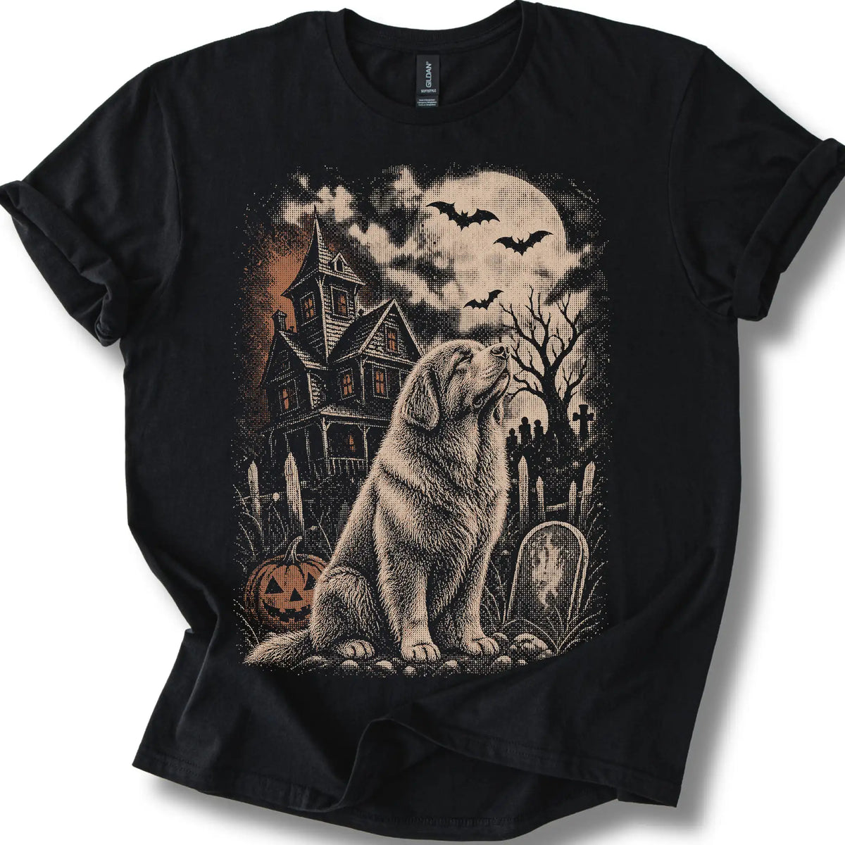 Newfie beside a haunted house on a black T-shirt.