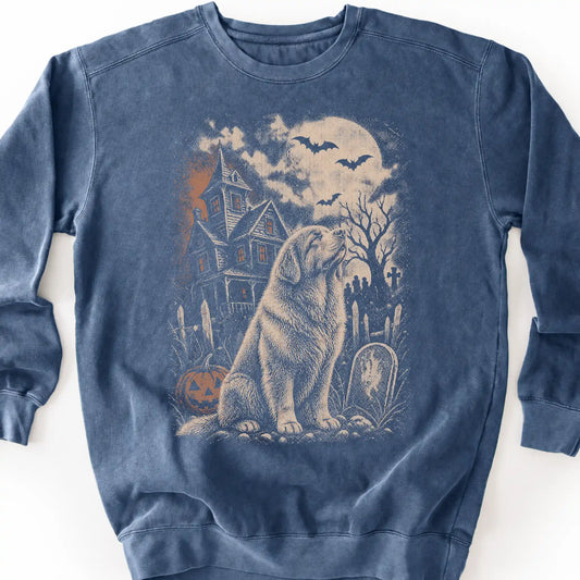 Newfie beside a haunted house on a denim sweatshirt.