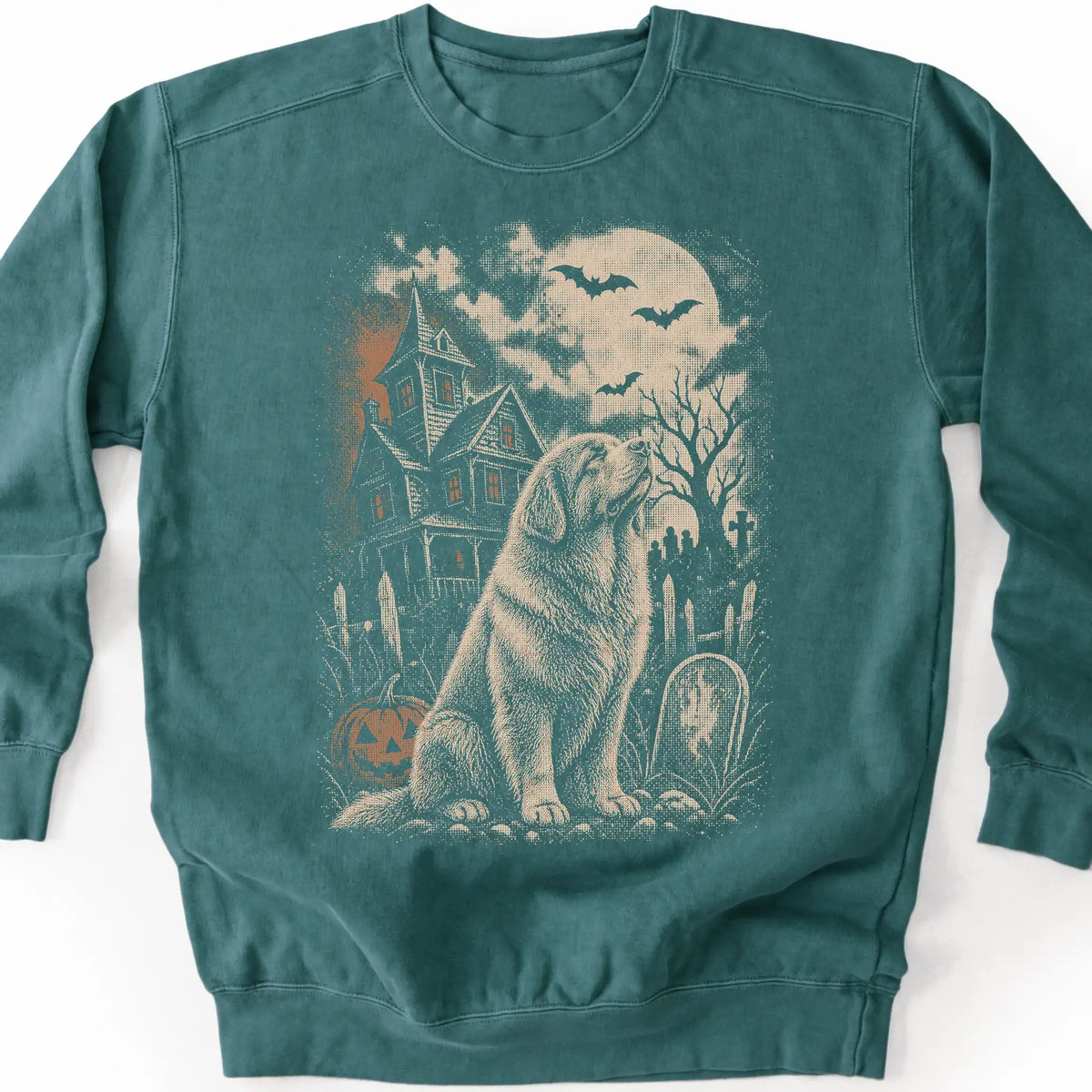 Newfie beside a haunted house on a blue spruce sweatshirt.