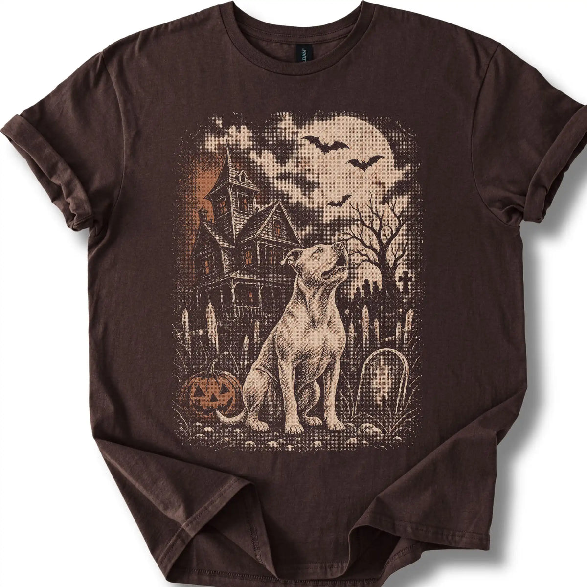 Pitbull beside a haunted house on a dark chocolate T-shirt.