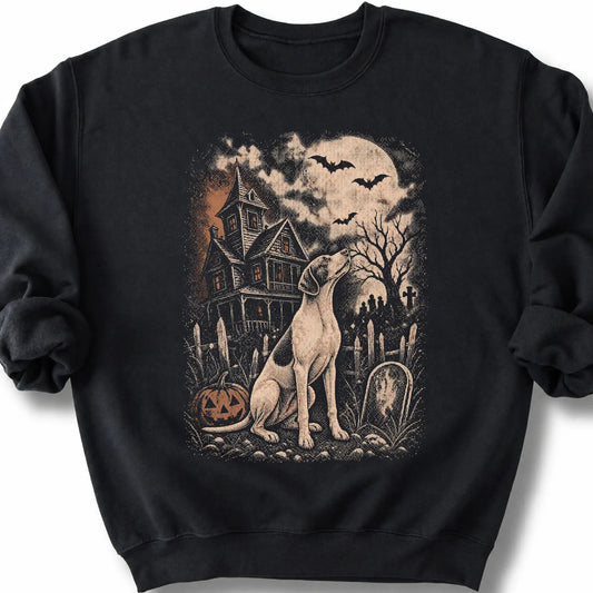 Pointer beside a haunted house on a black sweatshirt.