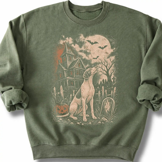 Pointer beside a haunted house on a military green sweatshirt.