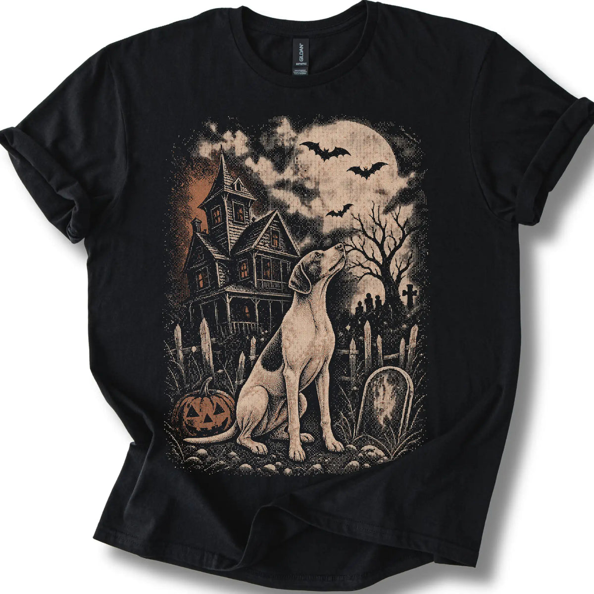 Pointer beside a haunted house on a black T-shirt.