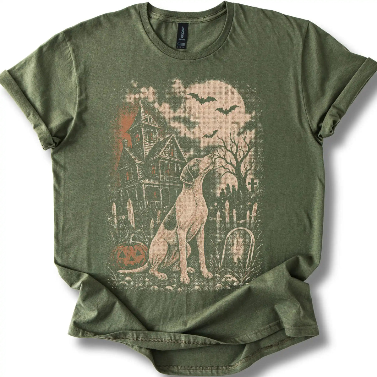 Pointer beside a haunted house on a military green T-shirt.