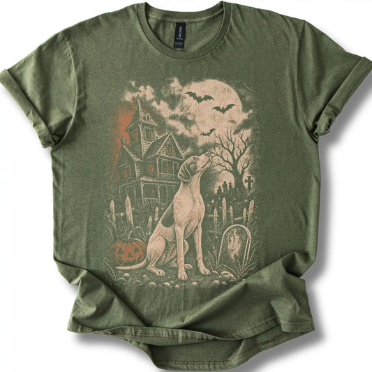 Pointer beside a haunted house on a military green T-shirt.