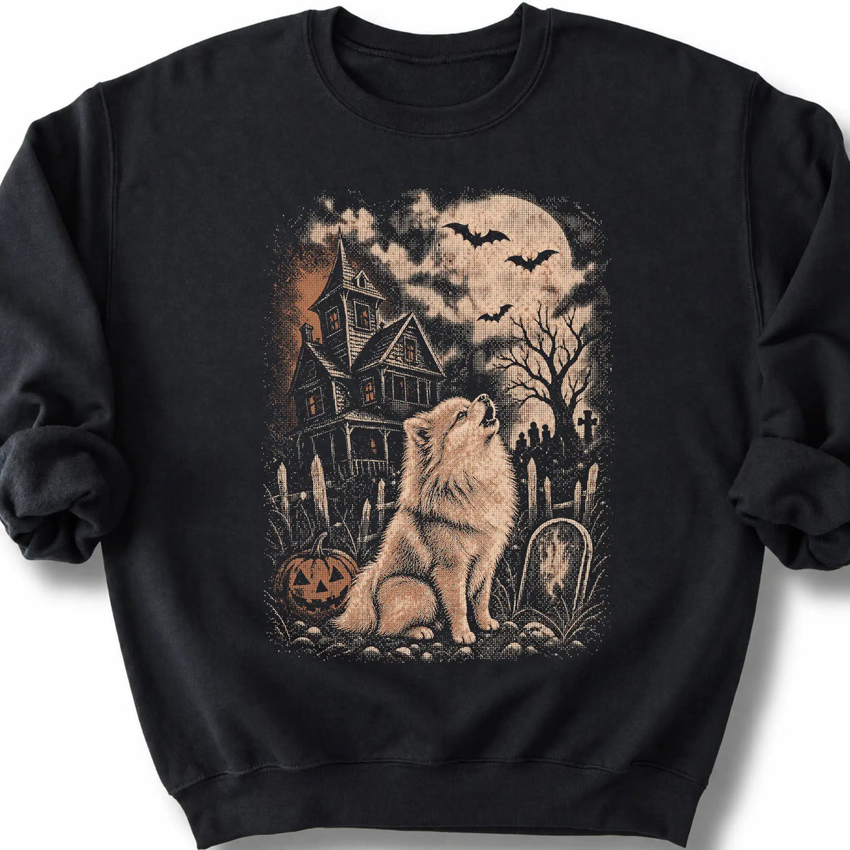 Pomeranian beside a haunted house on a black sweatshirt.