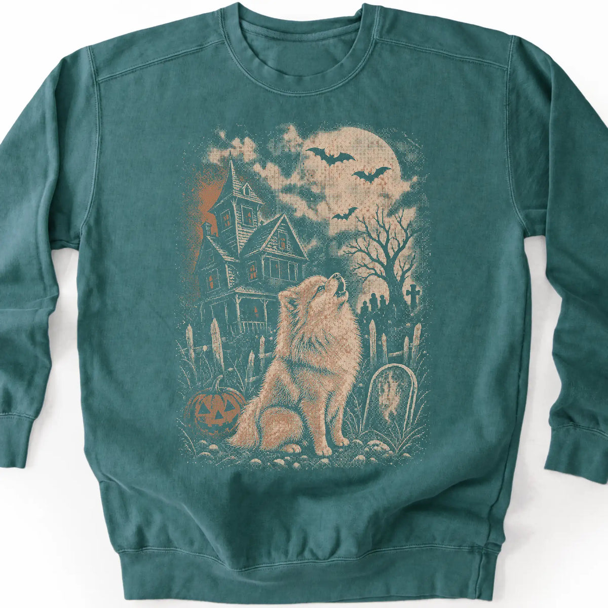 Pomeranian beside a haunted house on a blue spruce sweatshirt.