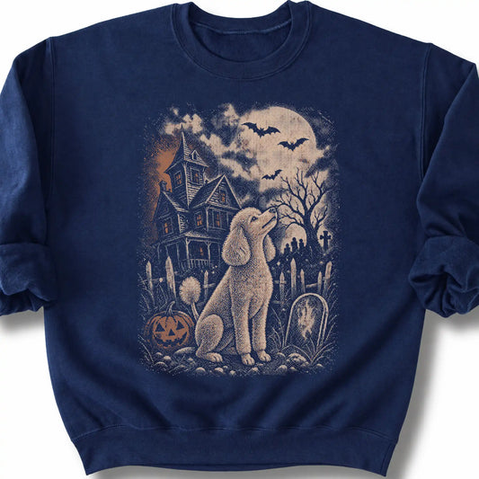 Poodle beside a haunted house on a navy sweatshirt.