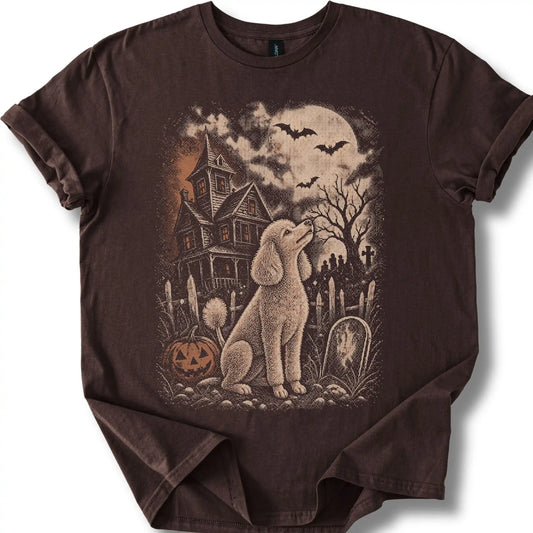 Poodle beside a haunted house on a dark chocolate T-shirt.