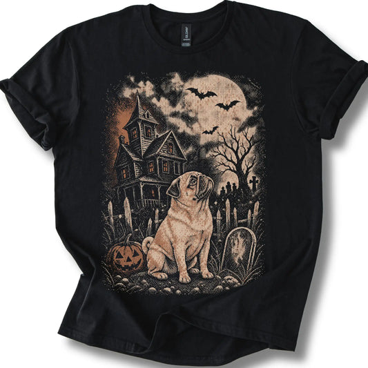 Pug beside a haunted house on a black T-shirt.