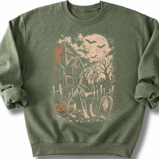Rottweiler beside a haunted house on a military green sweatshirt.