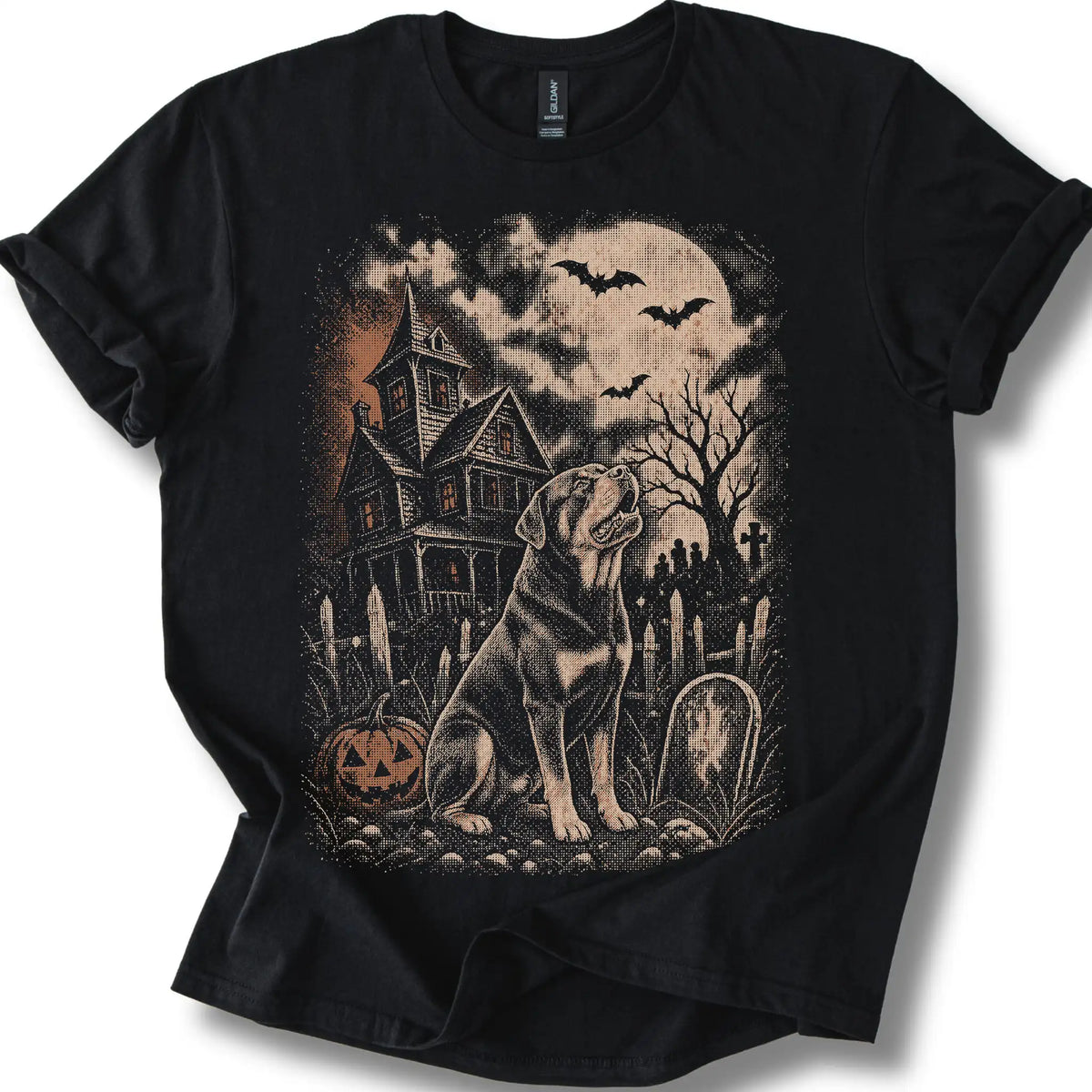 Rottweiler beside a haunted house on a black T-shirt.