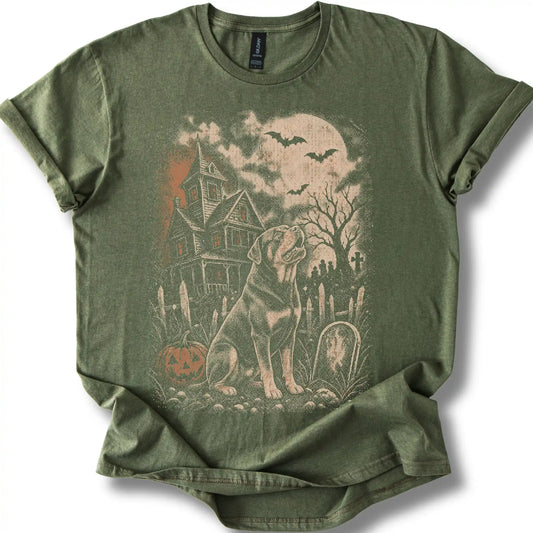 Rottweiler beside a haunted house on a military green T-shirt.
