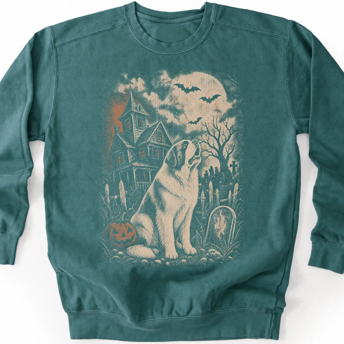 Saint Bernard beside a haunted house on a blue spruce sweatshirt.