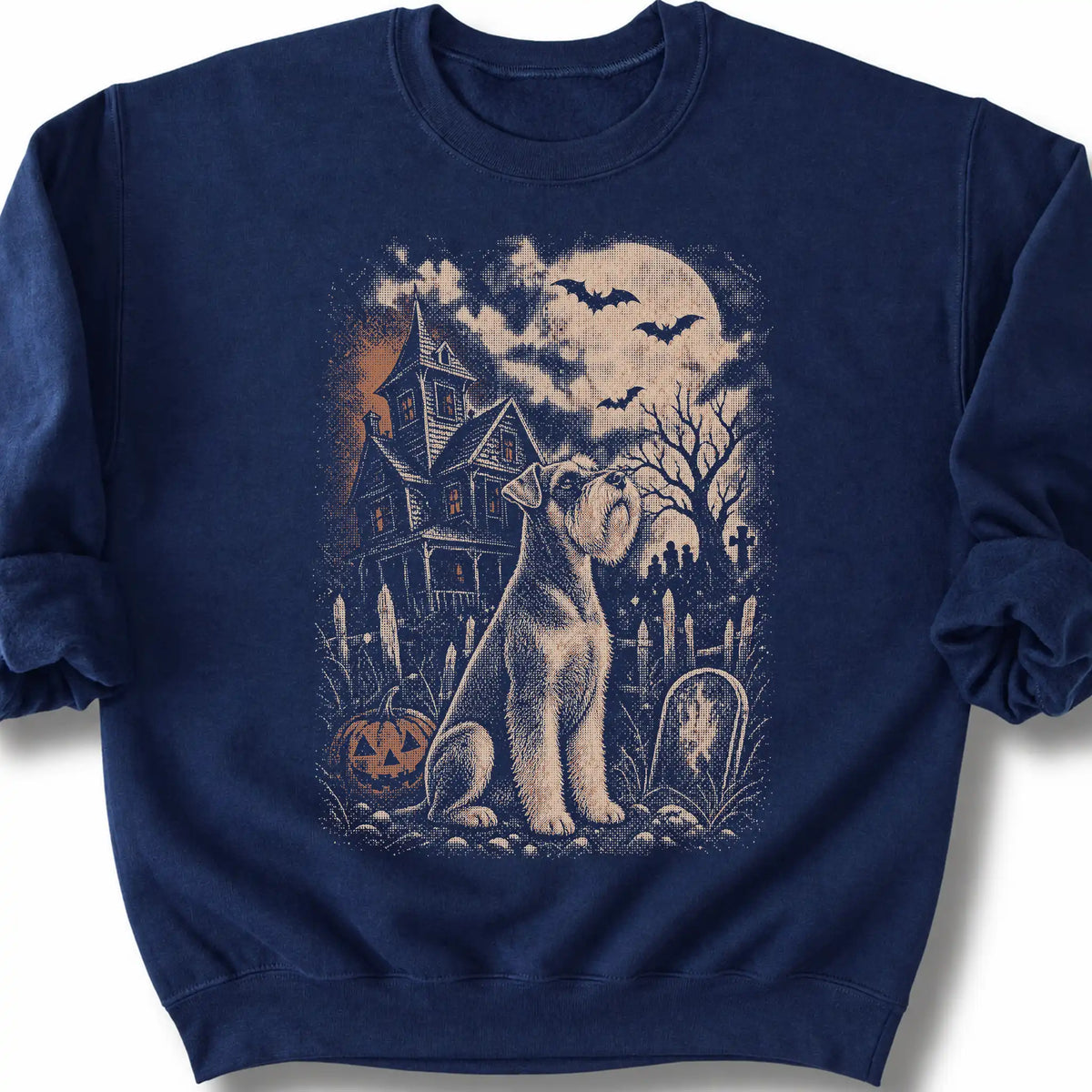 Schnauzer beside a haunted house on a navy sweatshirt.