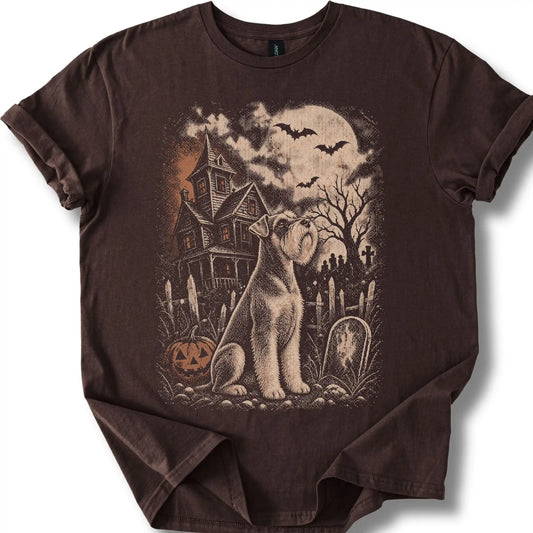 Schnauzer beside a haunted house on a dark chocolate T-shirt.