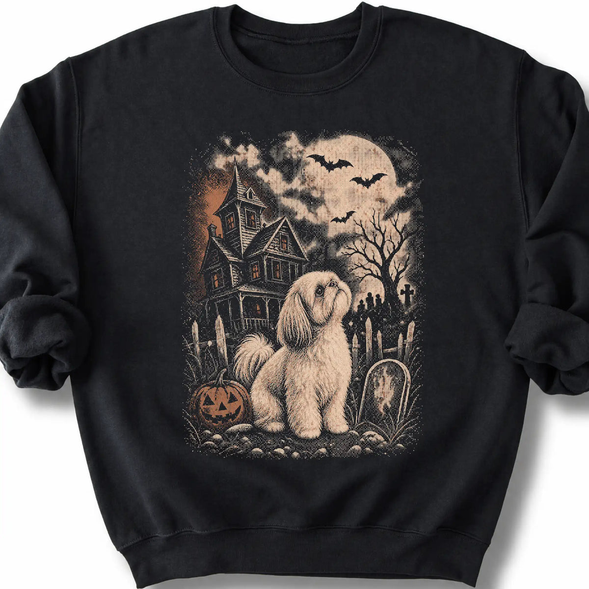 Shih Tzu beside a haunted house on a black sweatshirt.