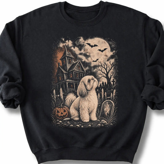 Shih Tzu beside a haunted house on a black sweatshirt.