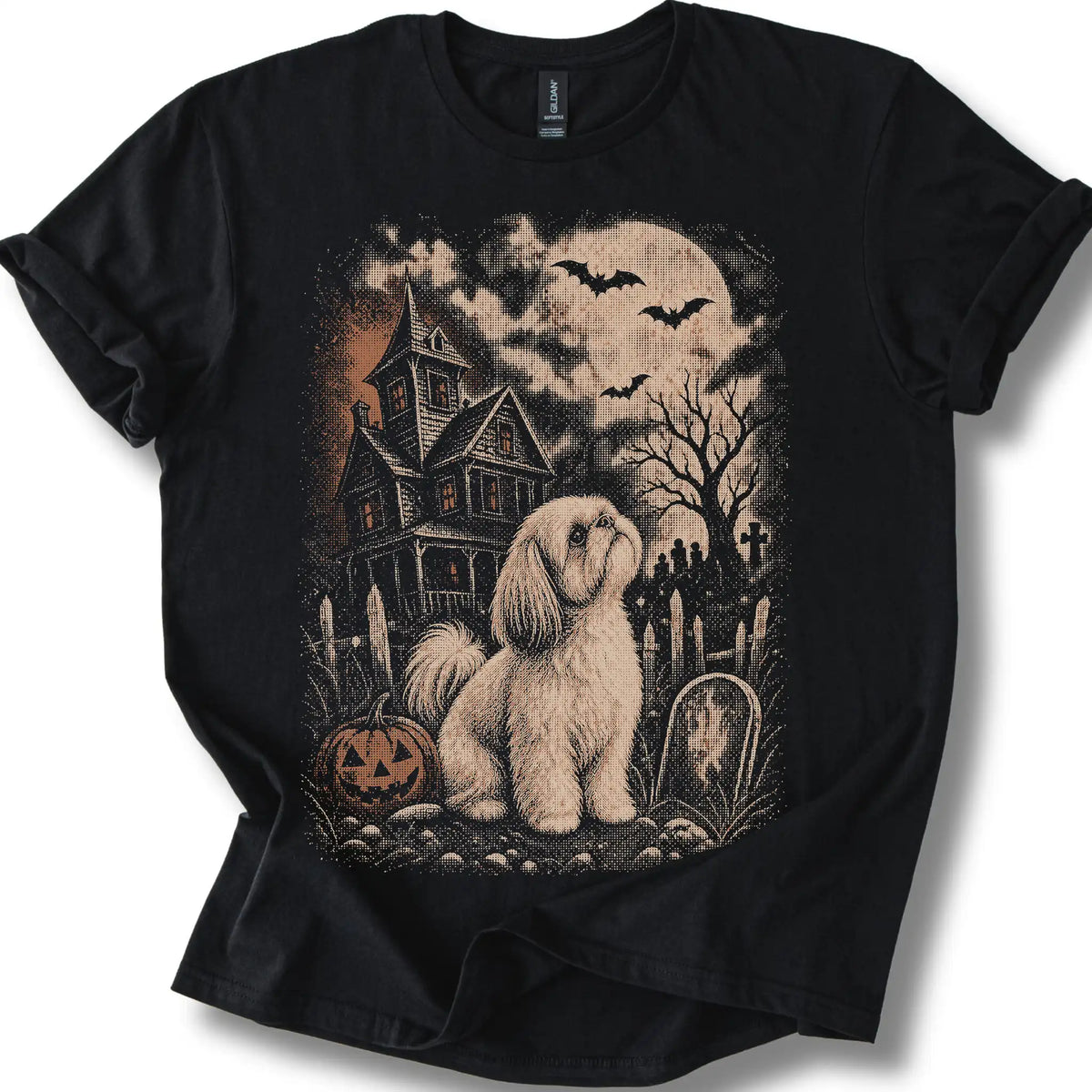 Shih Tzu beside a haunted house on a black T-shirt.