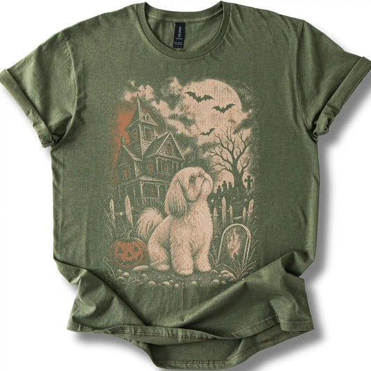 Shih Tzu beside a haunted house on a military green T-shirt.