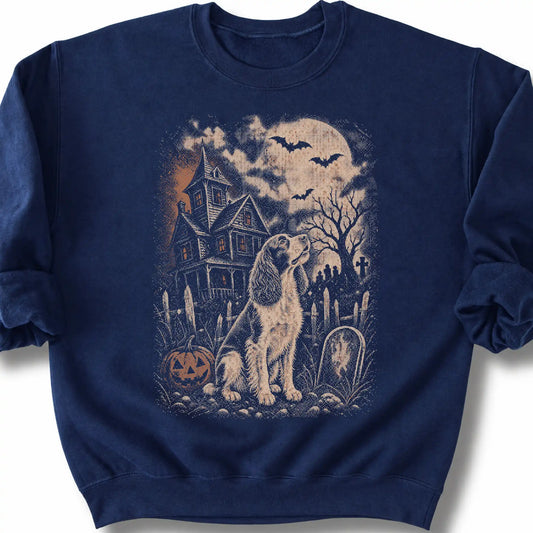 Springer Spaniel beside a haunted house on a navy sweatshirt.