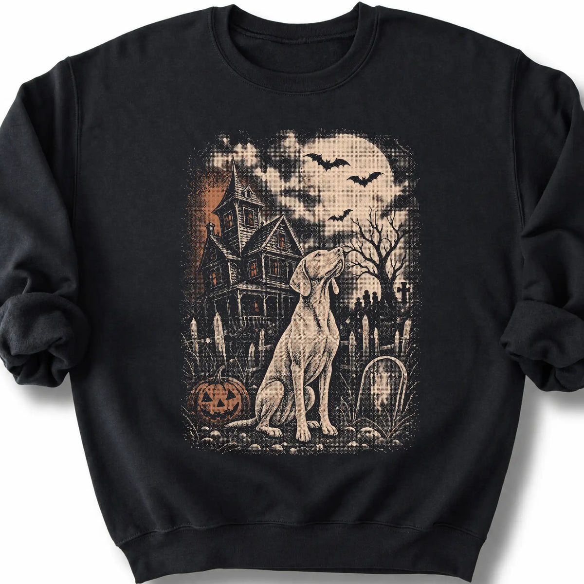 Vizsla beside a haunted house on a black sweatshirt.