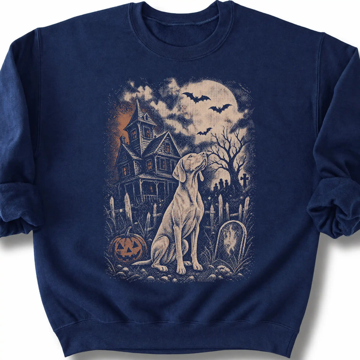 Vizsla beside a haunted house on a navy sweatshirt.