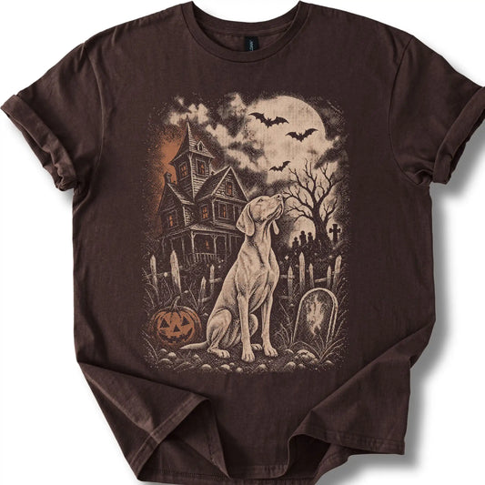 Vizsla beside a haunted house on a dark chocolate T-shirt.