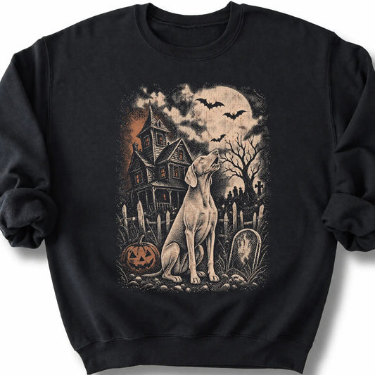 Weimaraner beside a haunted house on a black sweatshirt.