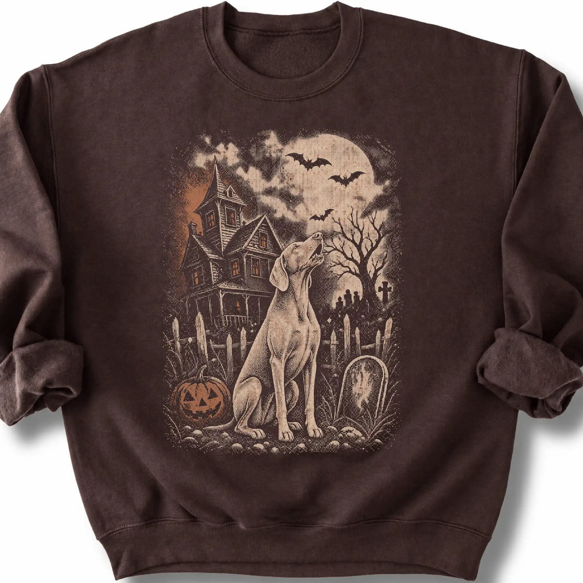 Weimaraner beside a haunted house on a dark chocolate sweatshirt.