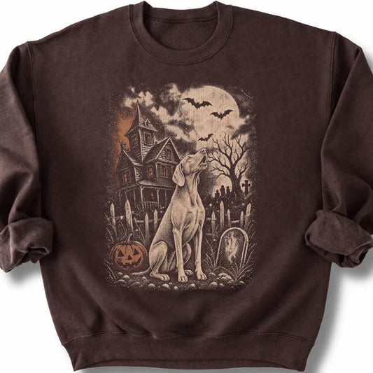 Weimaraner beside a haunted house on a dark chocolate sweatshirt.