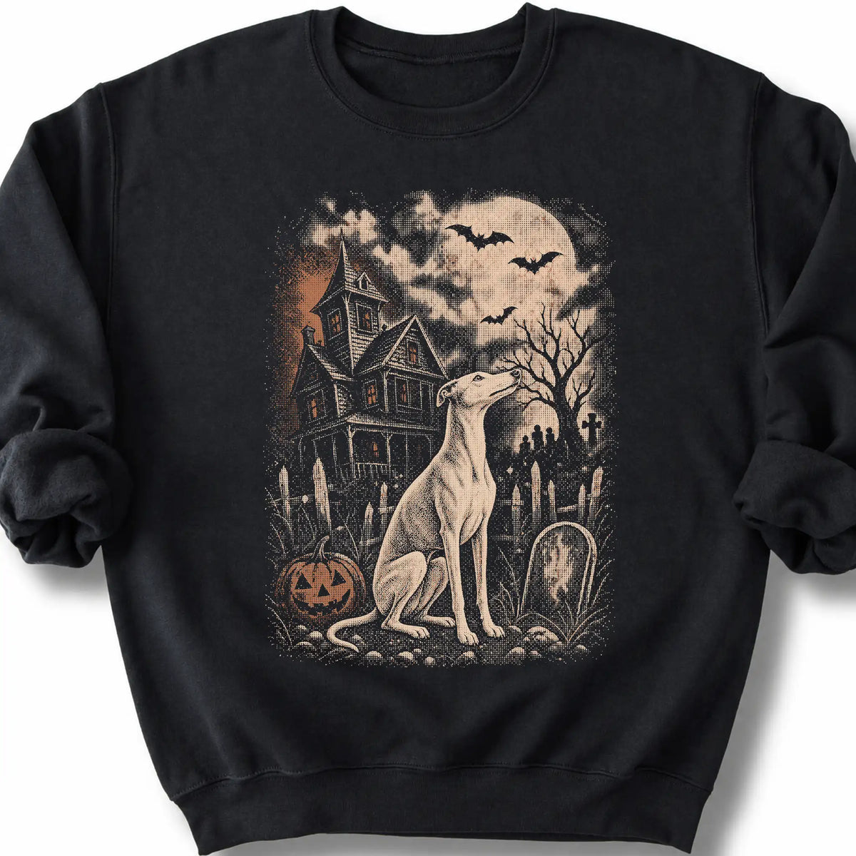 Whippet beside a haunted house on a black sweatshirt.