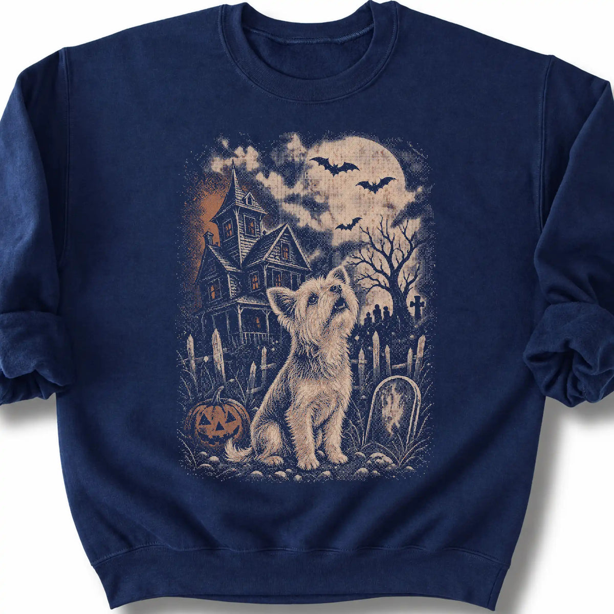 Yorkie beside a haunted house on a navy sweatshirt.