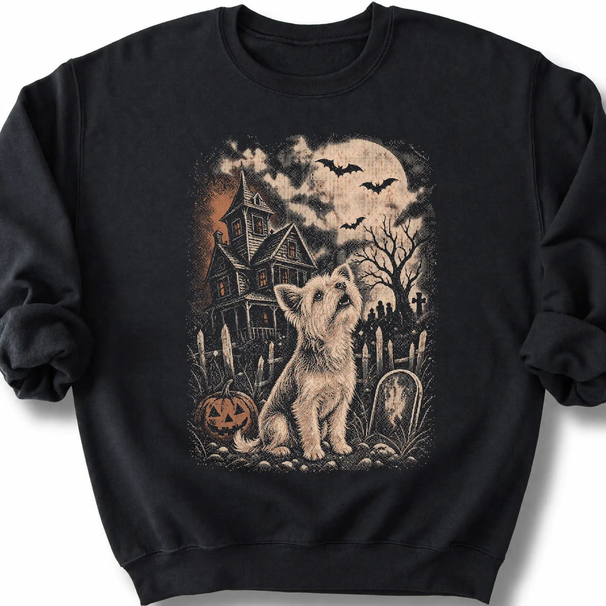 Yorkie beside a haunted house on a black sweatshirt.