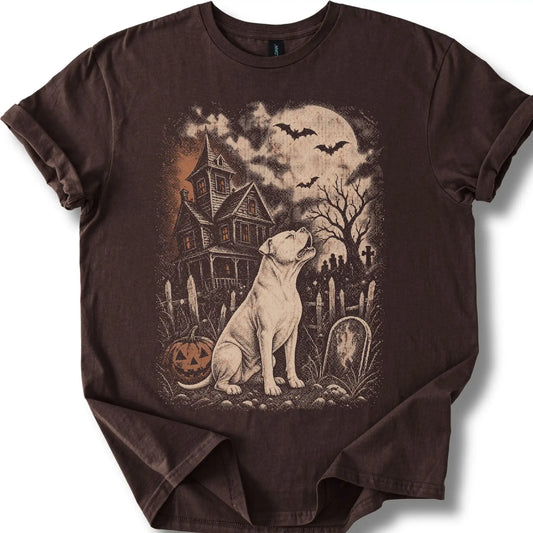 American Bulldog beside a haunted house on a dark chocolate T-shirt.