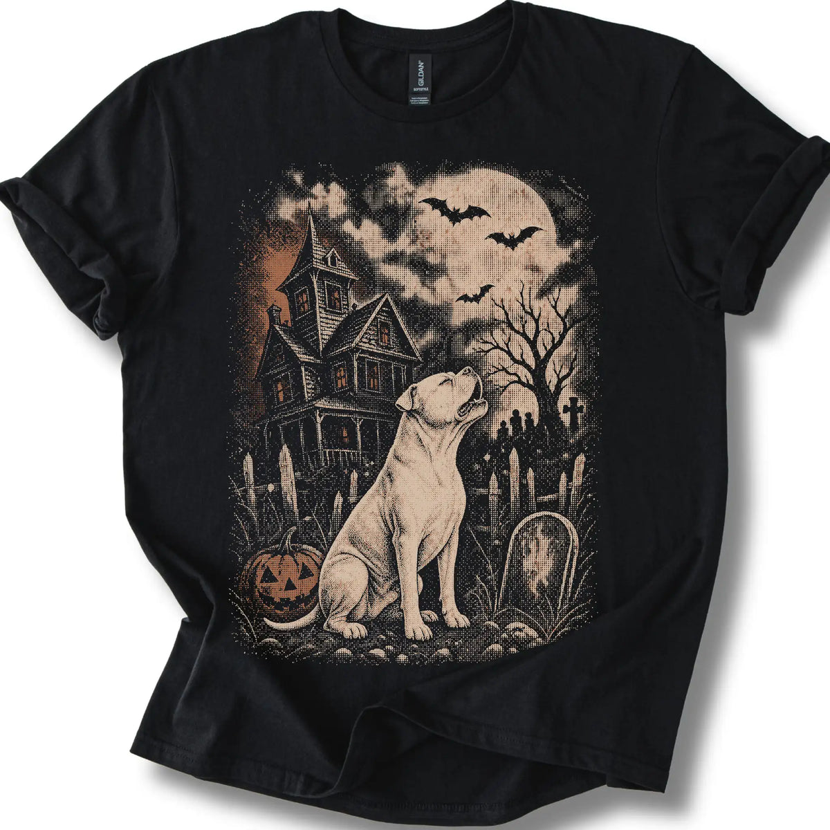 American Bulldog beside a haunted house on a black T-shirt.